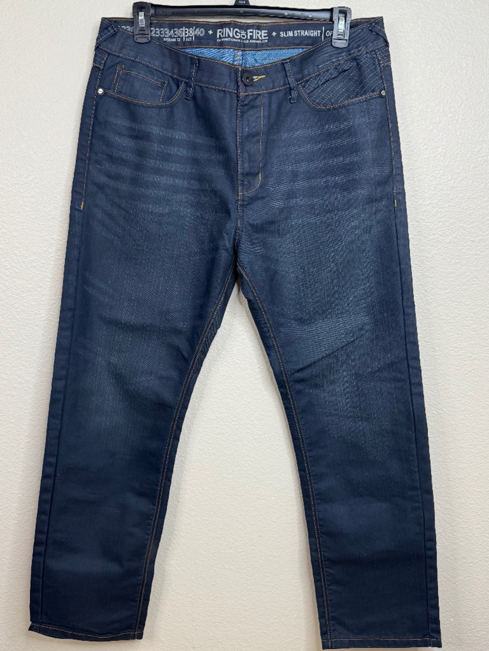 Ring of Fire Opechee Way Mens Jeans 38x32 Slim Straight Dark Wash Zip Pockets
